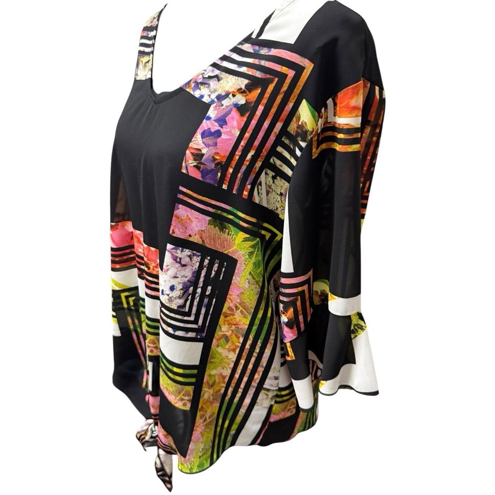 Frank Lyman Blouse Top Size 12 Multicolor Floral Geometric V Neck Bell Sleeve